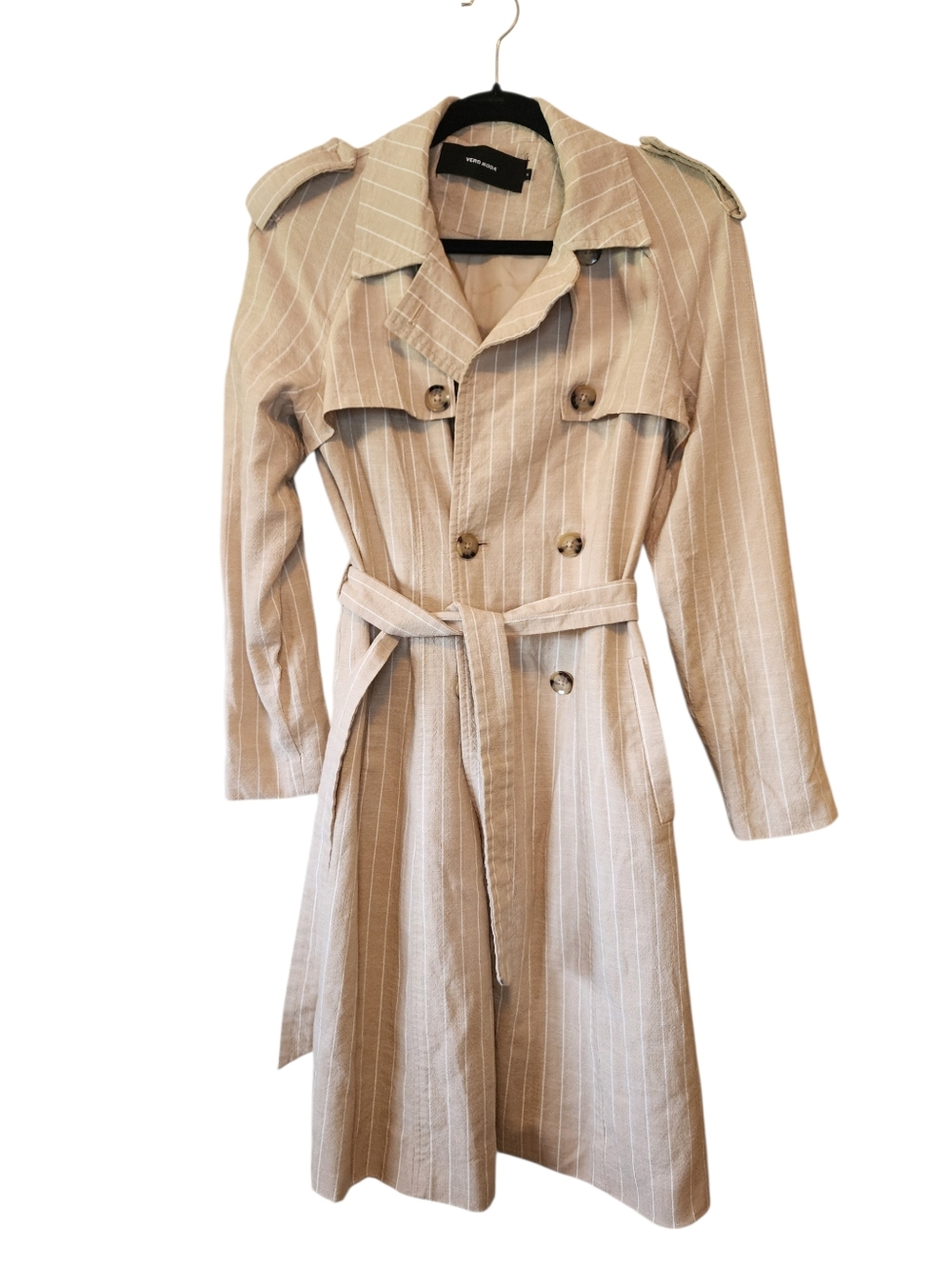 Vero Moda Tan & White Pinstripe Double-Breasted Trench Coat, Size S